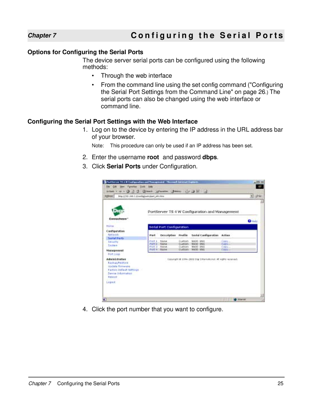 Digi manual Options for Configuring the Serial Ports, Configuring the Serial Port Settings with the Web Interface 