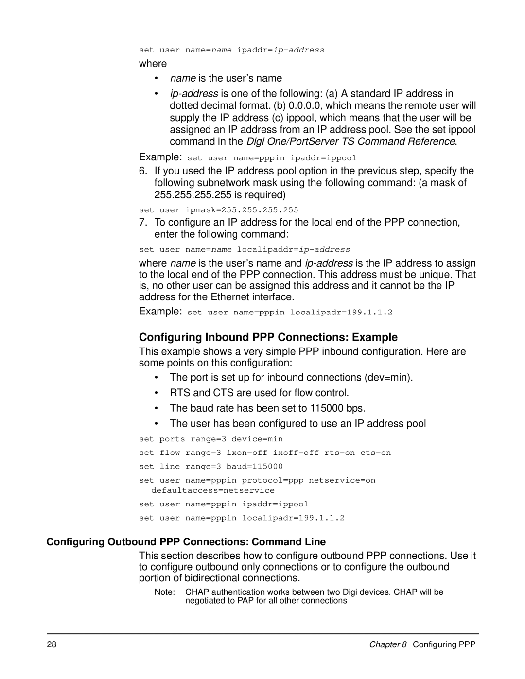 Digi W manual Configuring Inbound PPP Connections Example, Configuring Outbound PPP Connections Command Line 