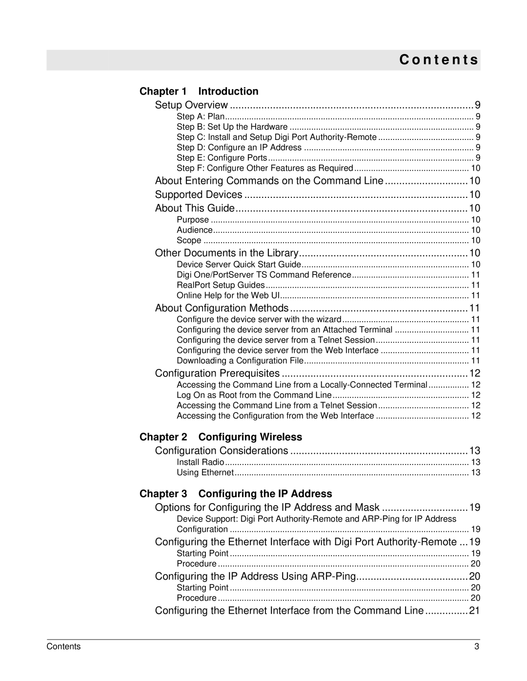 Digi manual N t e n t s, Chapter Introduction, Chapter Configuring Wireless, Configuring the IP Address 