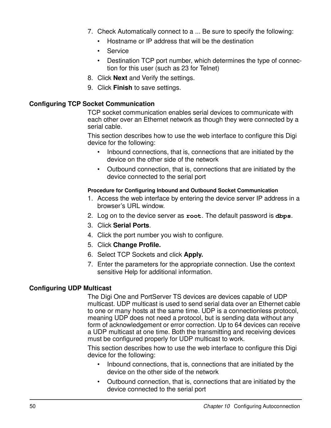 Digi W manual Configuring TCP Socket Communication, Click Serial Ports, Click Change Profile, Configuring UDP Multicast 