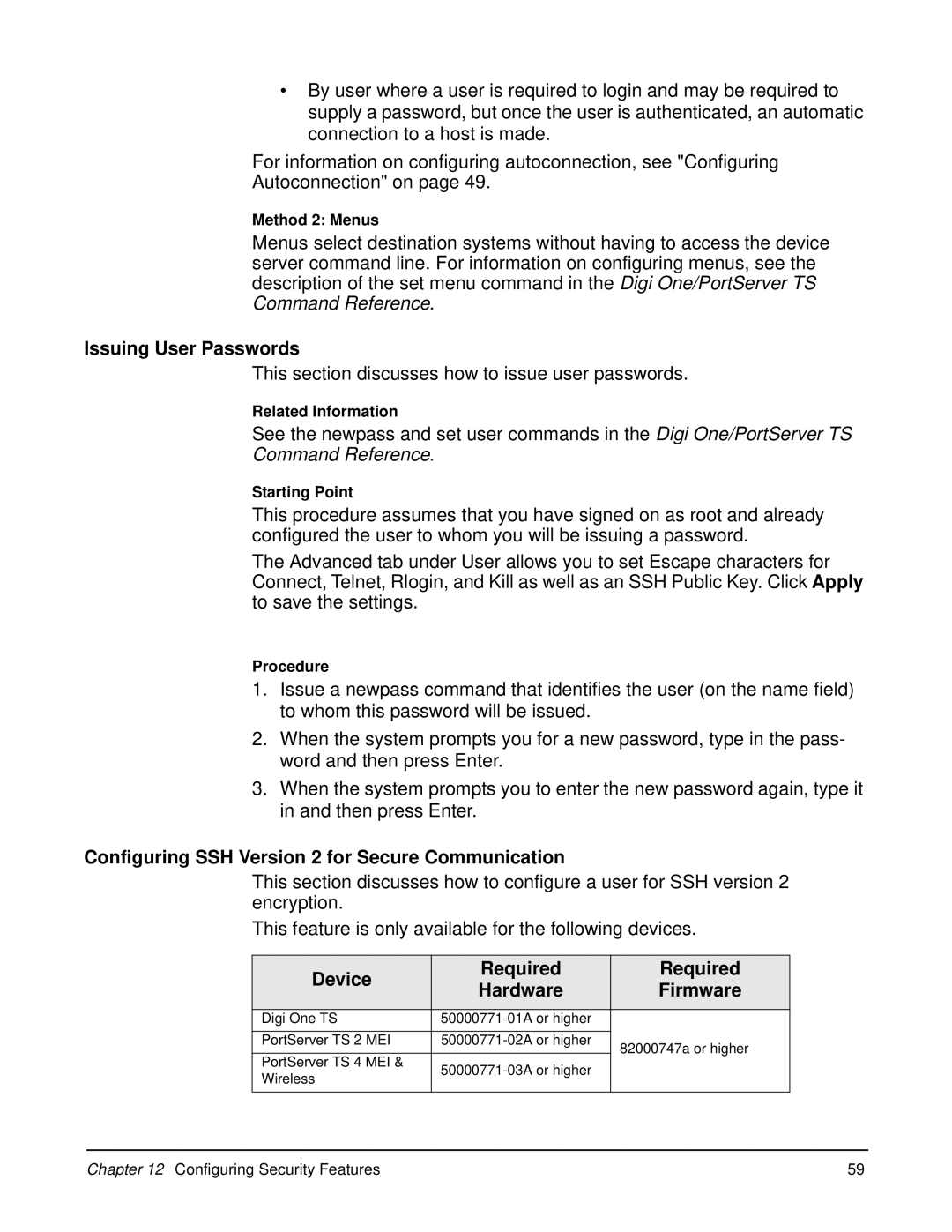 Digi W manual Issuing User Passwords, Configuring SSH Version 2 for Secure Communication, Device Required Hardware Firmware 