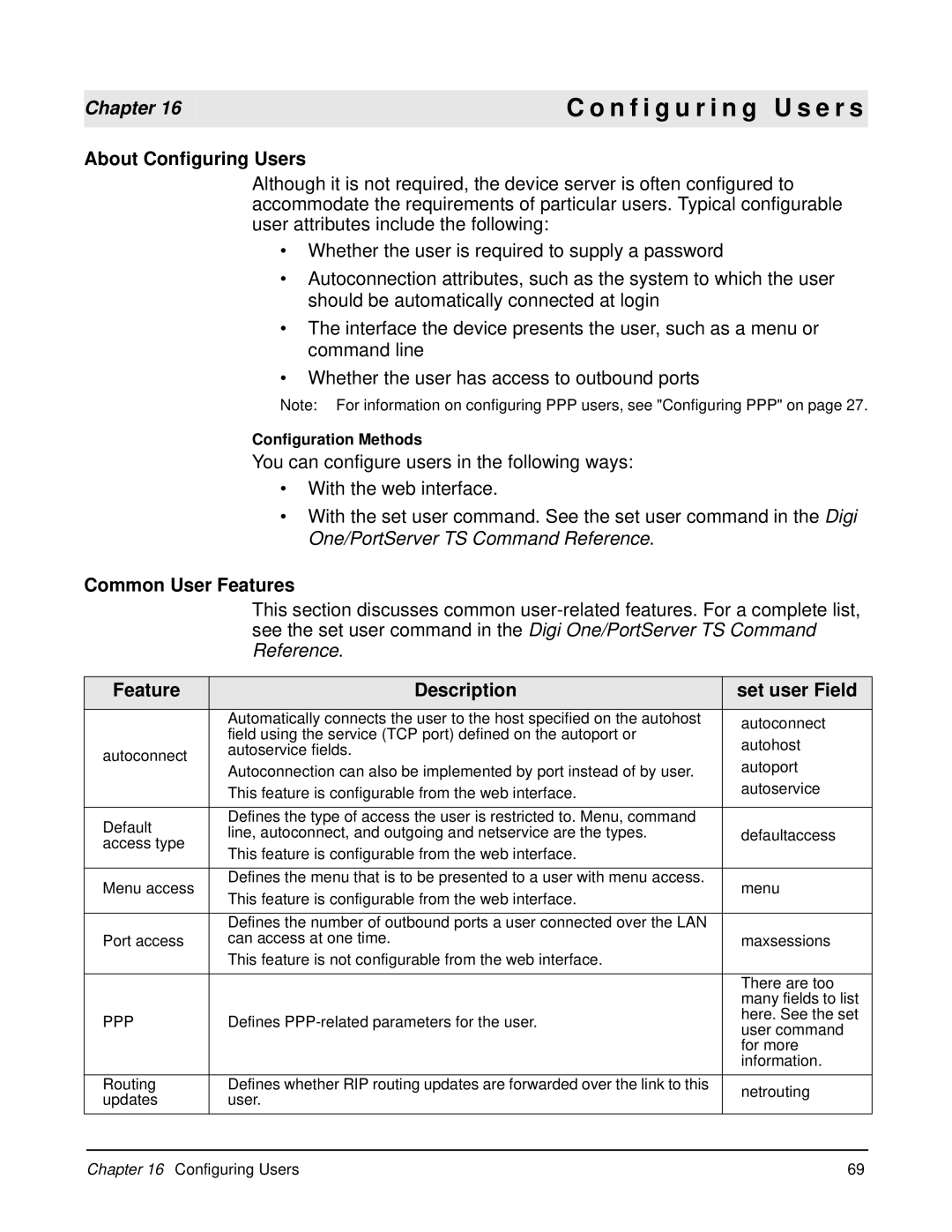 Digi W N f i g u r i n g U s e r s, About Configuring Users, Common User Features, Feature Description Set user Field 