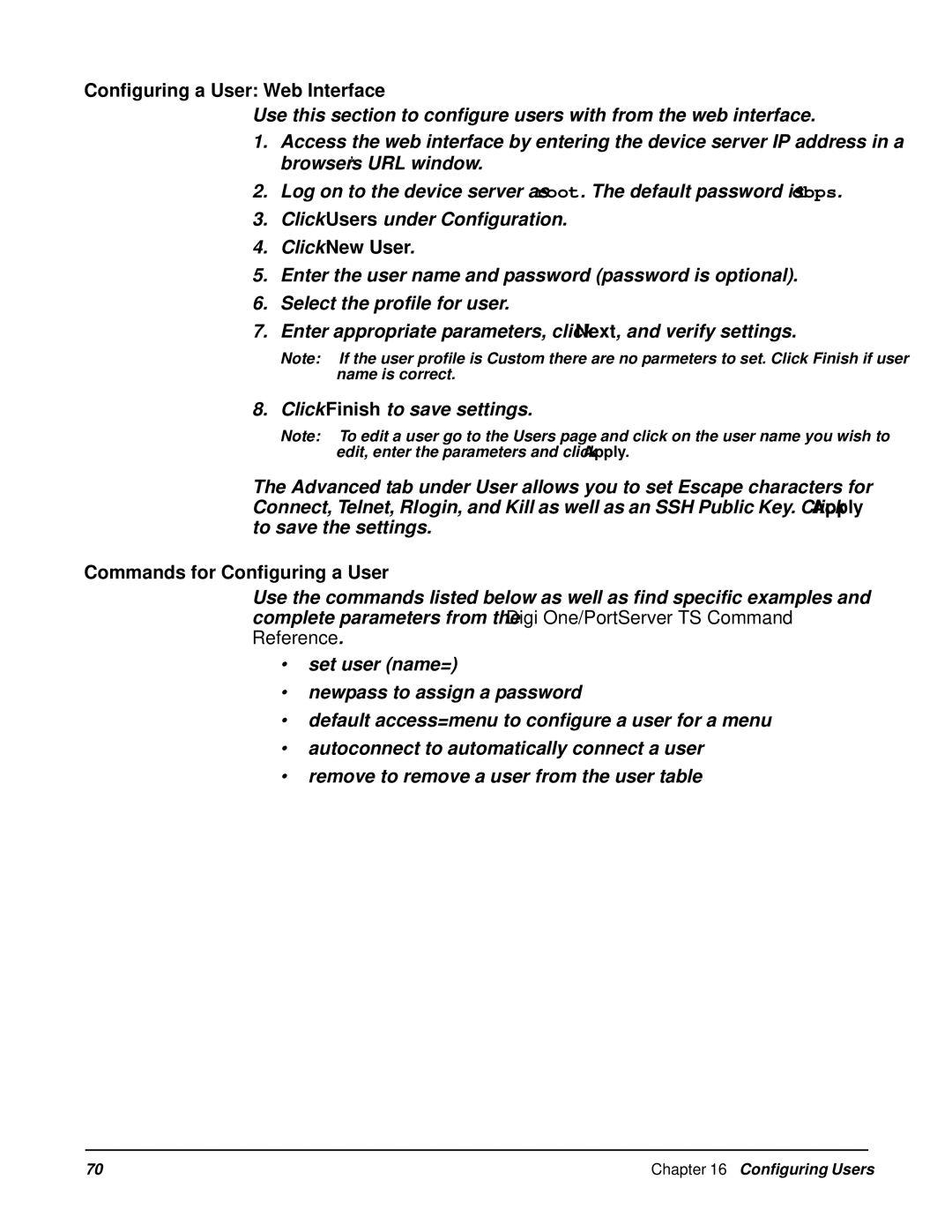 Digi manual Configuring a User Web Interface, Click New User, Commands for Configuring a User 