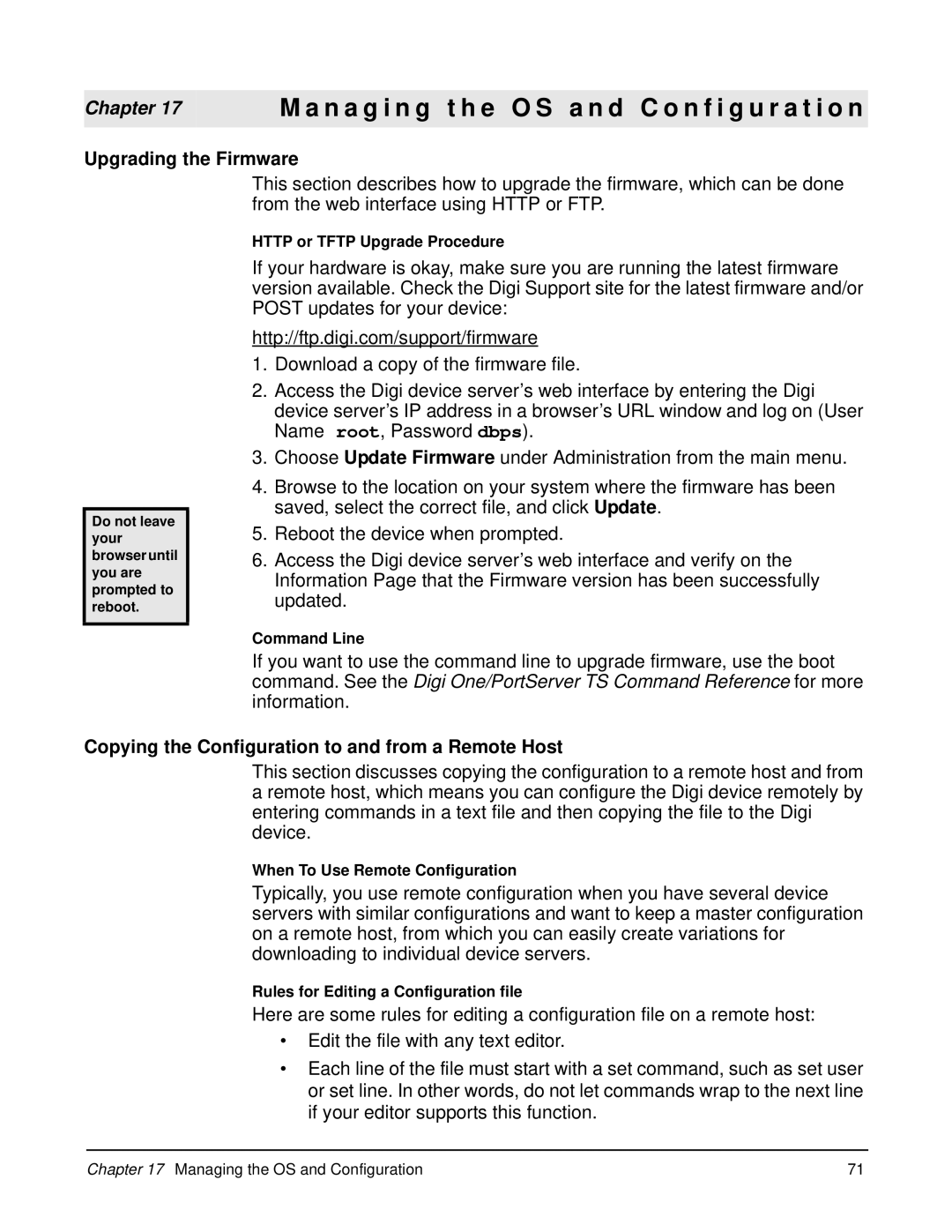 Digi W manual Upgrading the Firmware, Copying the Configuration to and from a Remote Host 