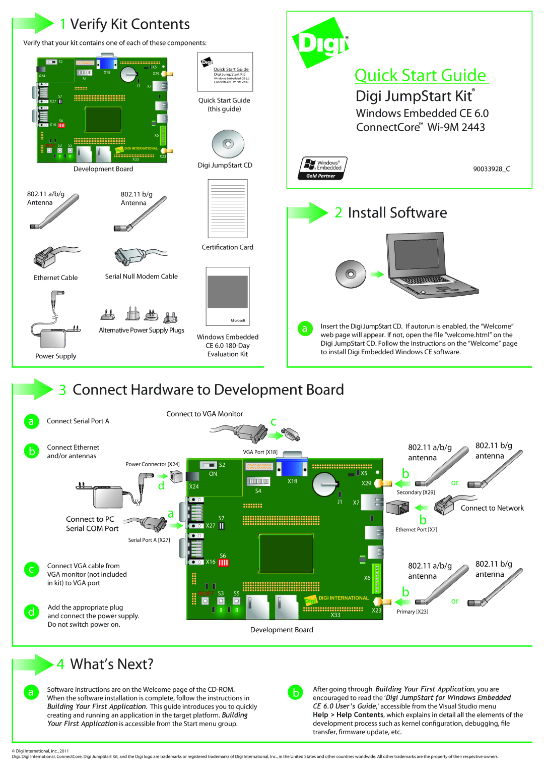 Digi WI-9M 2443 quick start Verify Kit Contents, Install Software, Connect Hardware to Development Board, What’s Next? 