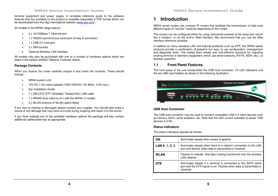 Digi WR44 manual Introduction, Front Panel Features, Wlan, Dte 