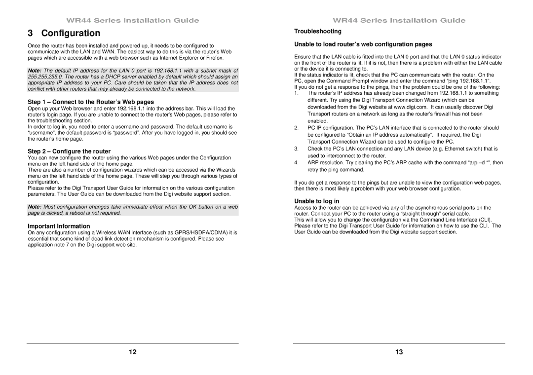 Digi WR44 Configuration, Connect to the Router’s Web pages, Configure the router, Important Information, Unable to log 