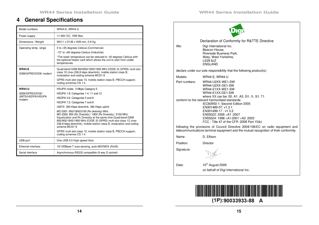 Digi manual General Specifications, WR44-E 