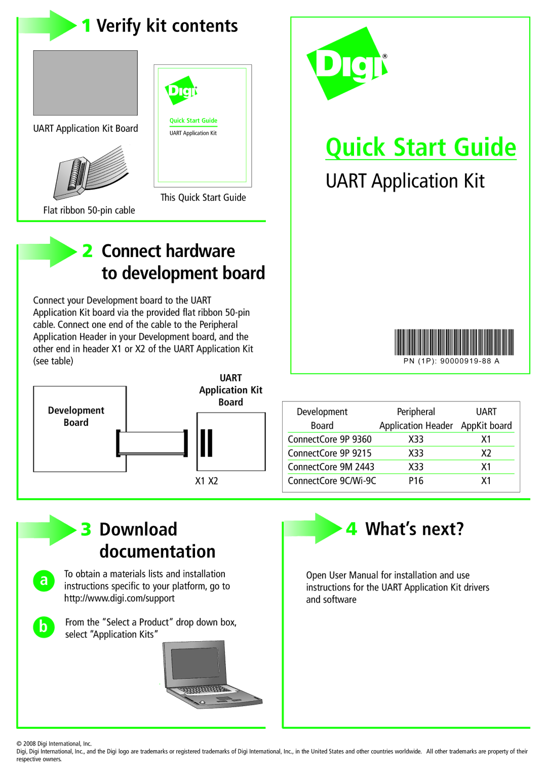 Digi X1, X2 quick start Quick Start Guide, Uart Application Kit 