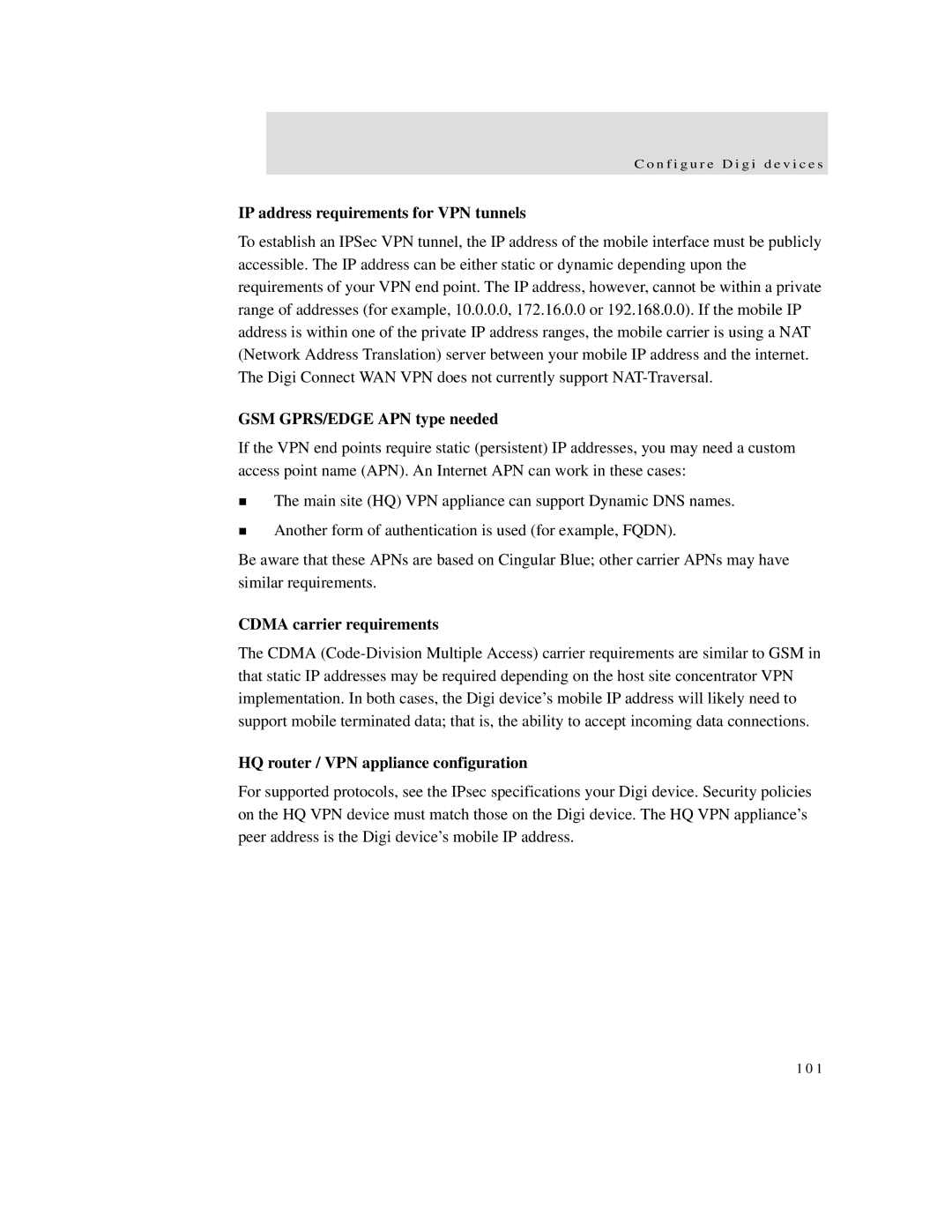 Digi X2 manual IP address requirements for VPN tunnels, GSM GPRS/EDGE APN type needed, Cdma carrier requirements 