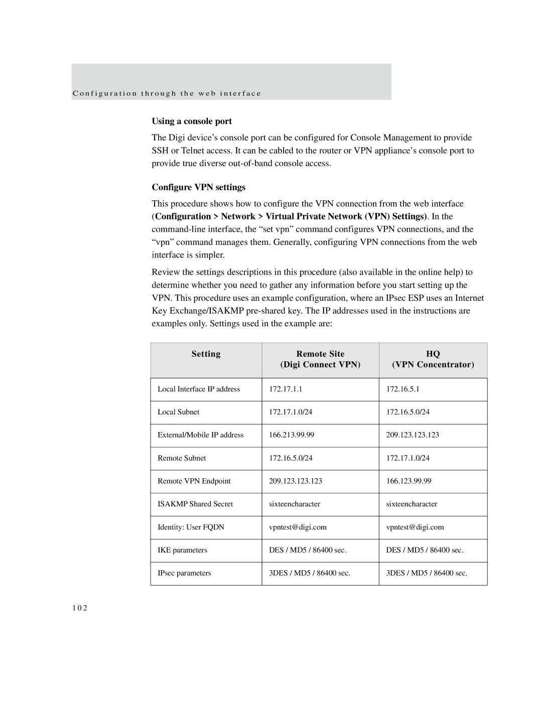 Digi X2 manual Using a console port, Configure VPN settings, Setting Remote Site Digi Connect VPN VPN Concentrator 