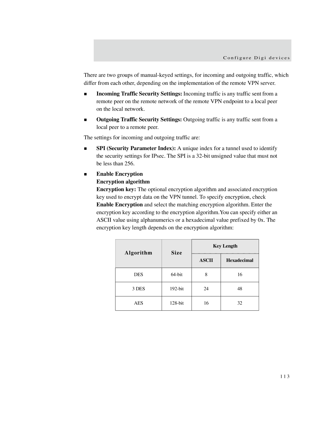 Digi X2 manual Enable Encryption Encryption algorithm, Algorithm Size 