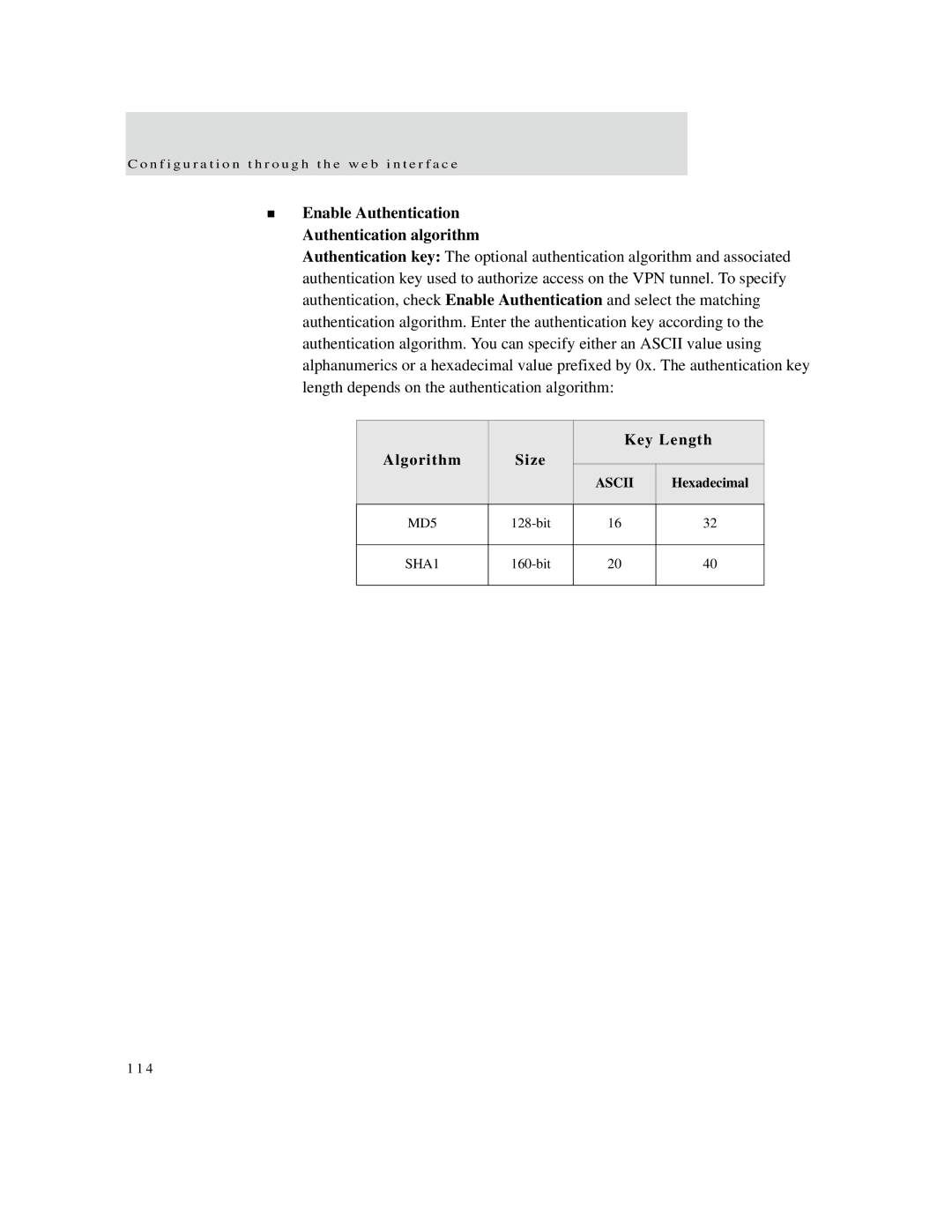 Digi X2 manual Enable Authentication Authentication algorithm, Algorithm Size Key Length 