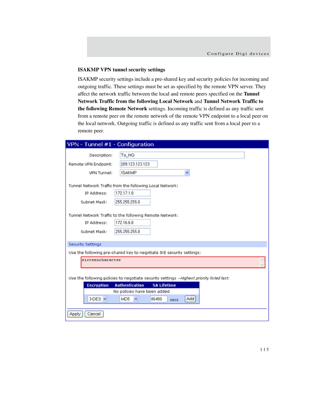 Digi X2 manual Isakmp VPN tunnel security settings 