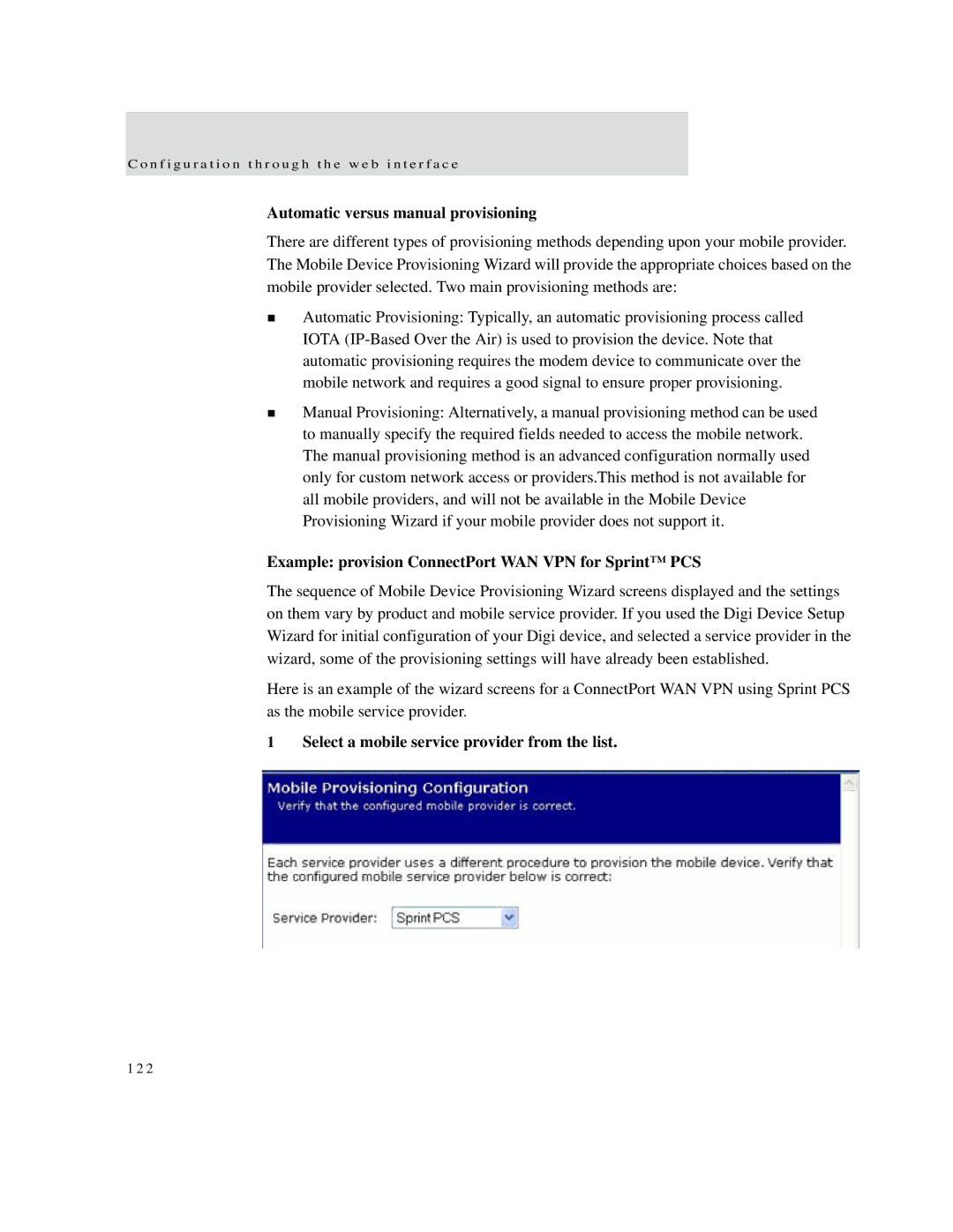 Digi X2 Automatic versus manual provisioning, Example provision ConnectPort WAN VPN for Sprint PCS 