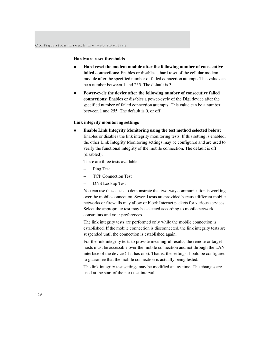 Digi X2 manual Hardware reset thresholds, Link integrity monitoring settings 