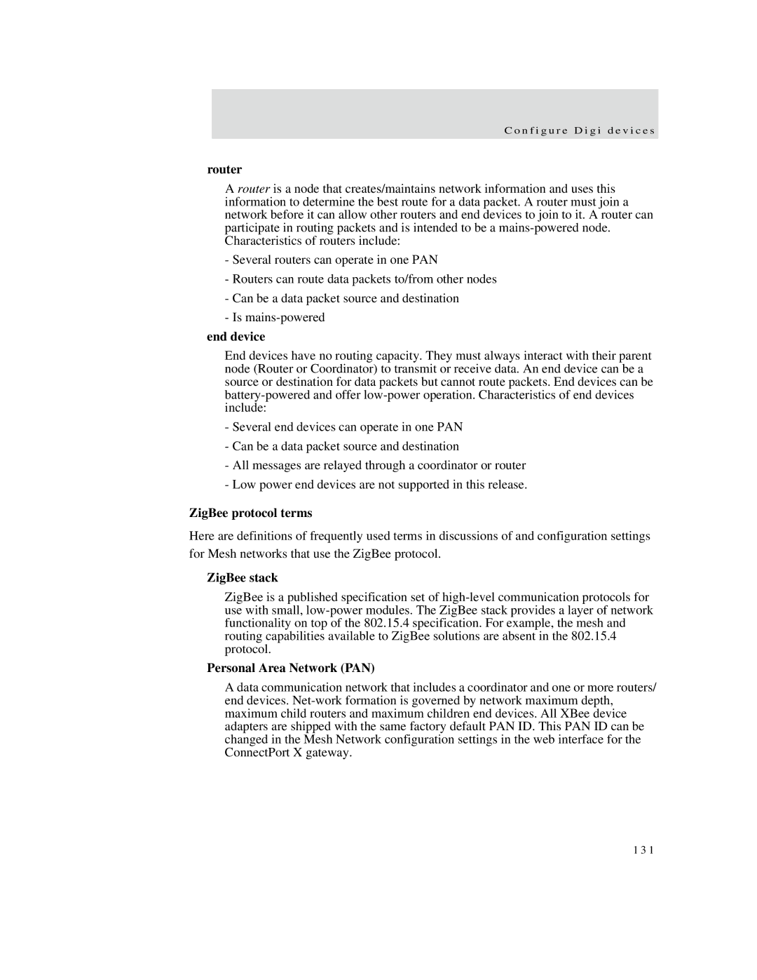 Digi X2 manual Router, End device, ZigBee protocol terms, ZigBee stack, Personal Area Network PAN 