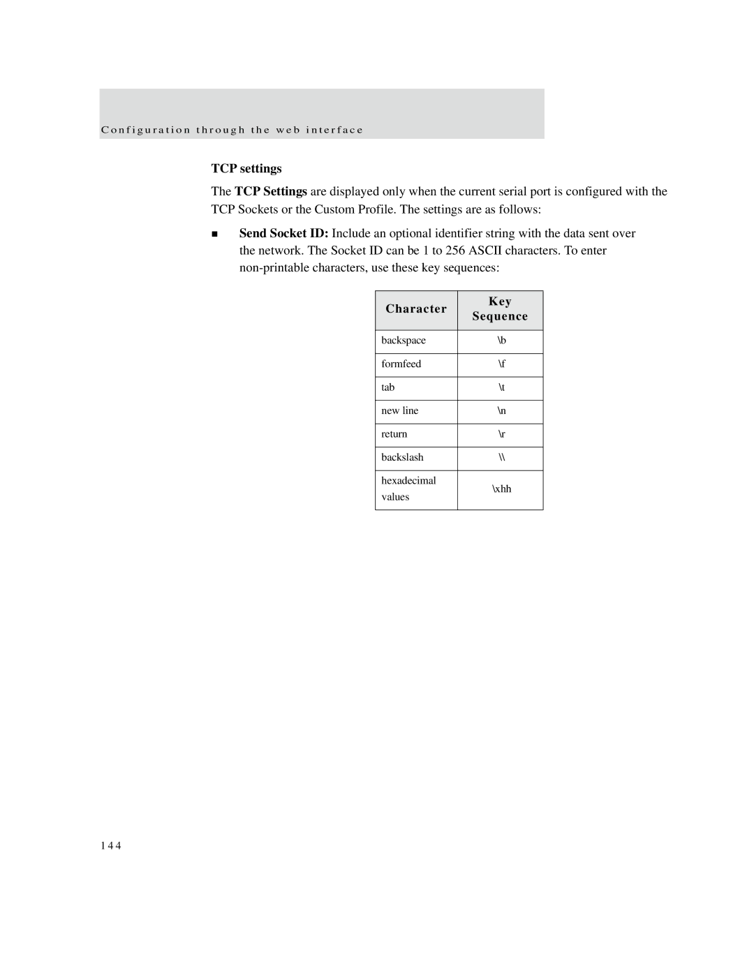 Digi X2 manual TCP settings, Character Key Sequence 