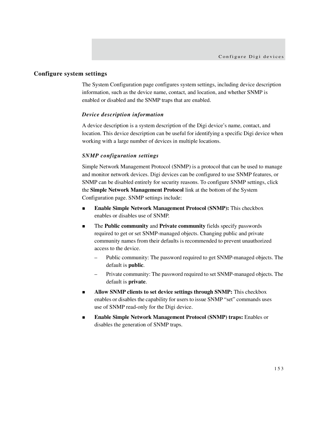 Digi X2 manual Configure system settings, Device description information, Snmp configuration settings 