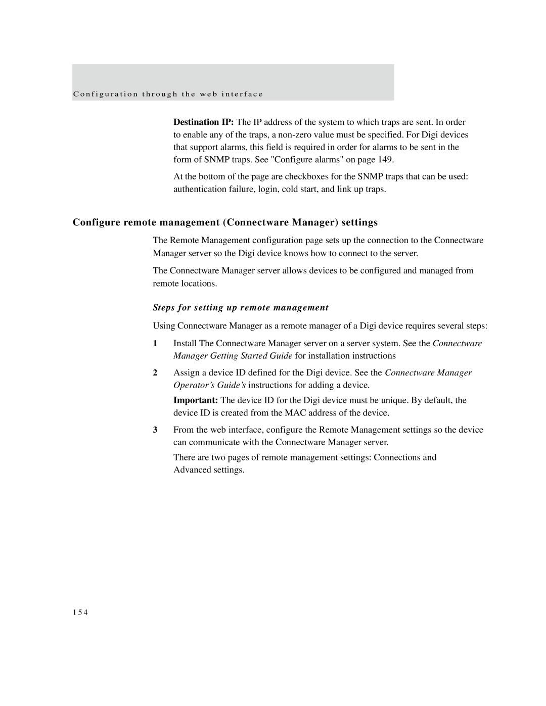 Digi X2 manual Configure remote management Connectware Manager settings, Steps for setting up remote management 