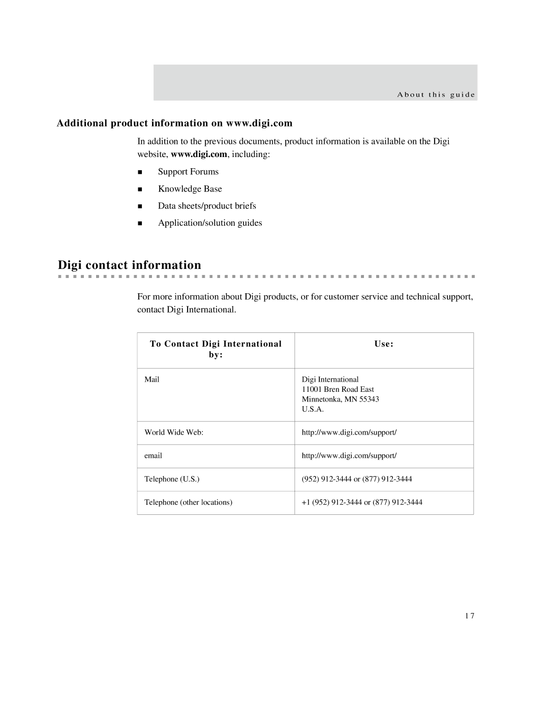 Digi X2 manual Digi contact information, To Contact Digi International Use 