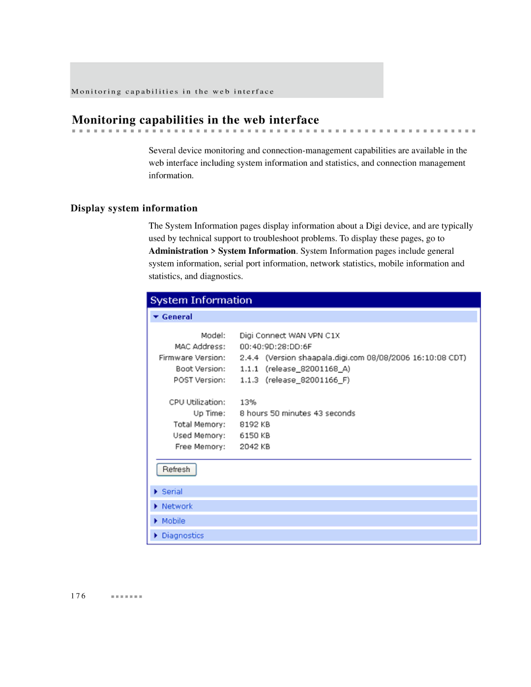 Digi X2 manual Monitoring capabilities in the web interface, Display system information 