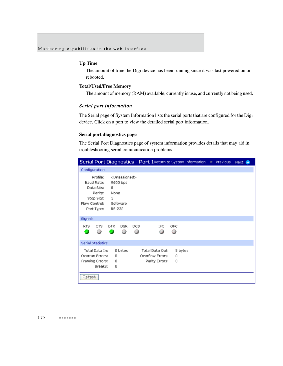 Digi X2 manual Up Time, Total/Used/Free Memory, Serial port information, Serial port diagnostics 