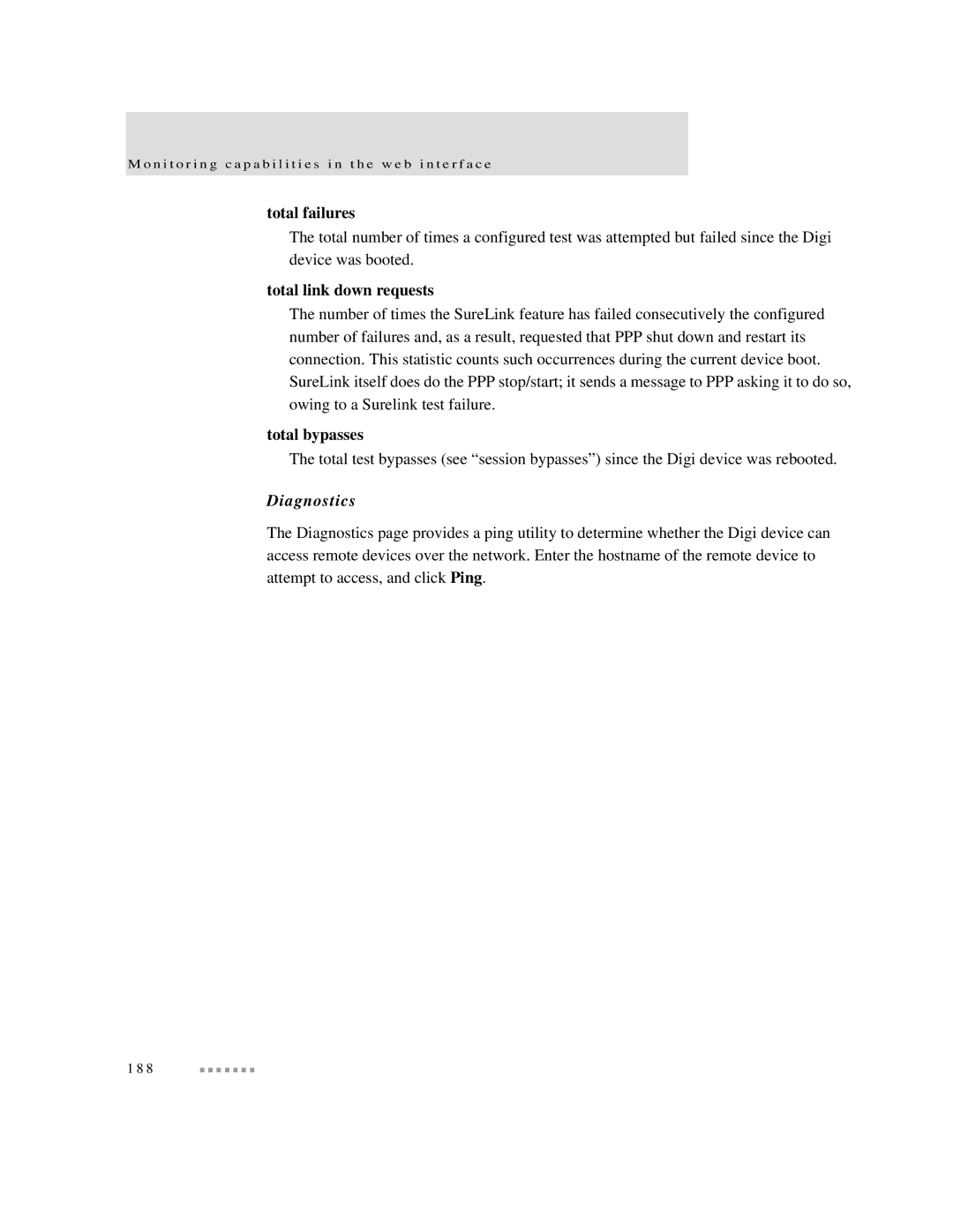 Digi X2 manual Total failures, Total link down requests, Total bypasses, Diagnostics 