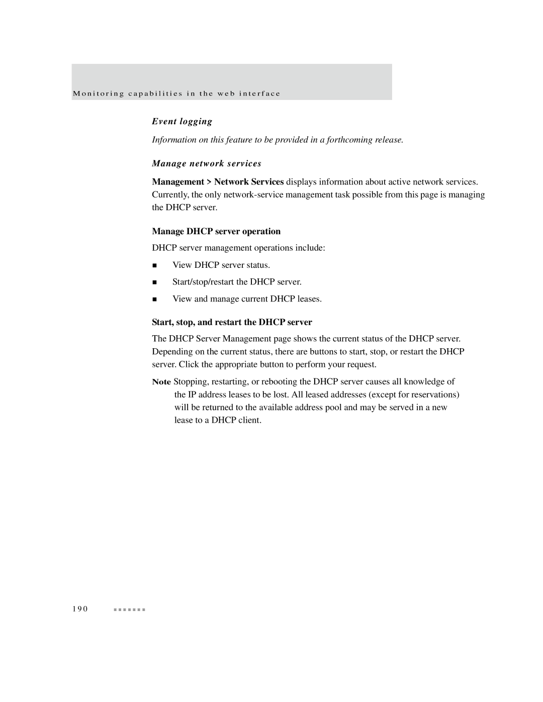 Digi X2 Event logging, Manage network services, Manage Dhcp server operation, Start, stop, and restart the Dhcp server 