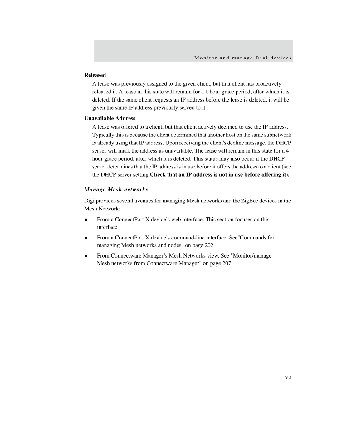 Digi X2 manual Released, Unavailable Address, Manage Mesh networks 