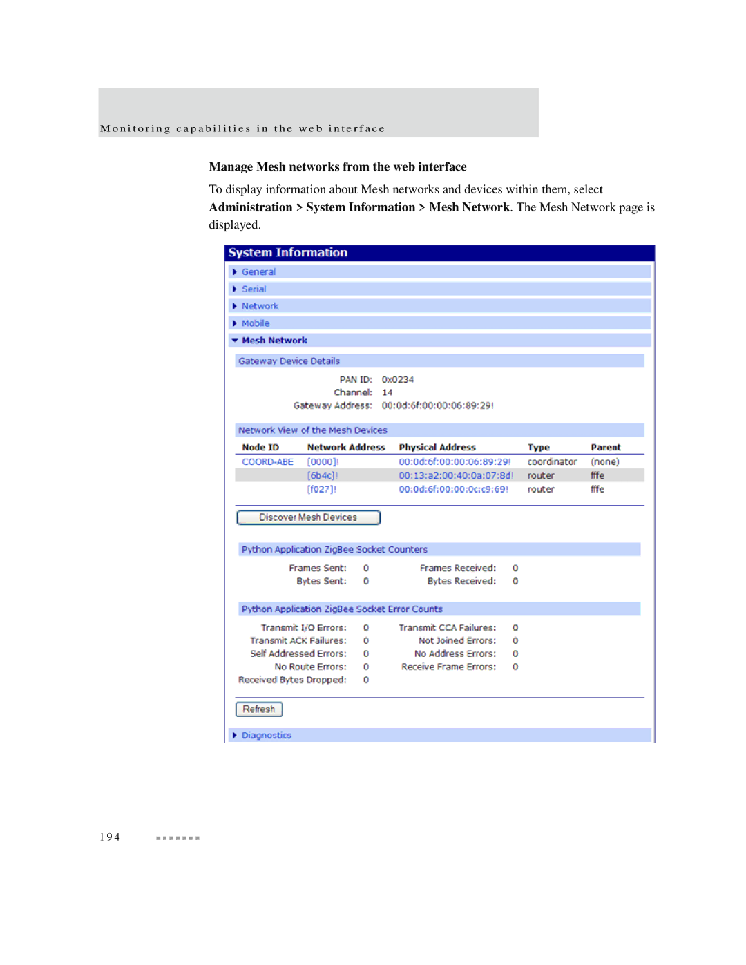 Digi X2 manual Manage Mesh networks from the web interface 