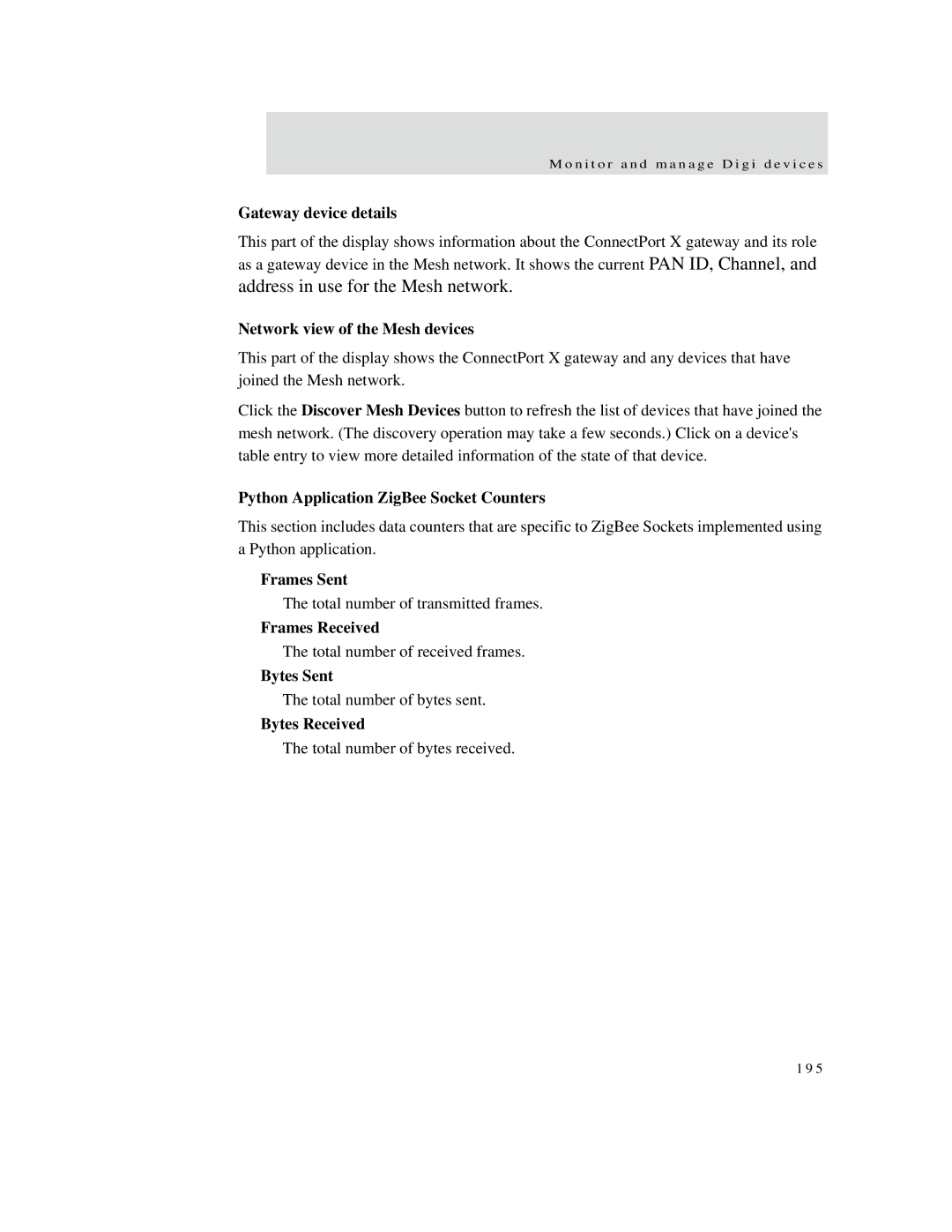 Digi X2 Gateway device details, Network view of the Mesh devices, Python Application ZigBee Socket Counters, Frames Sent 