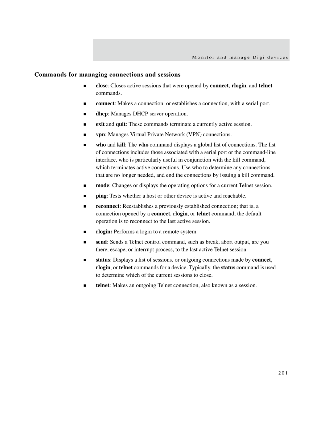 Digi X2 manual Commands for managing connections and sessions 