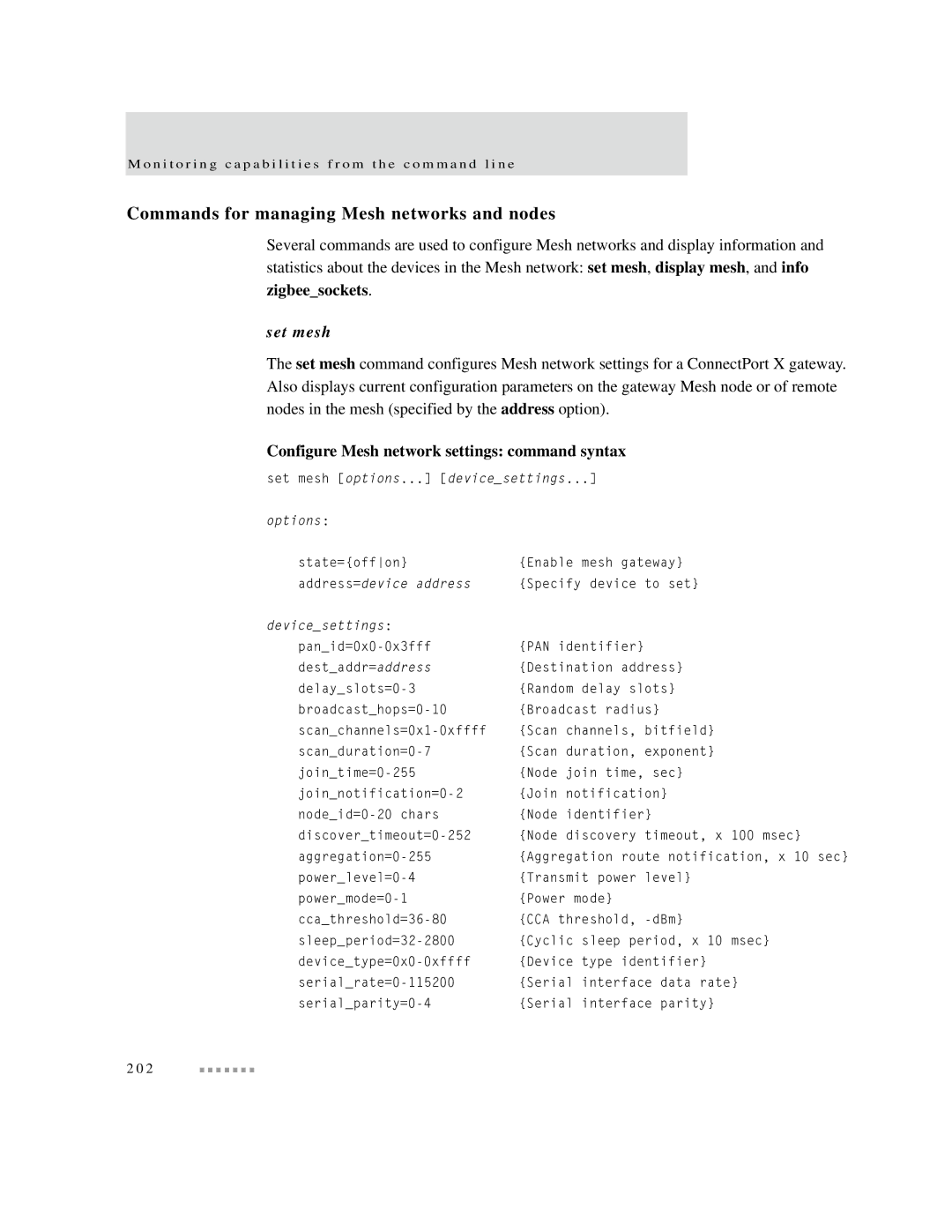 Digi X2 manual Commands for managing Mesh networks and nodes, Set mesh, Configure Mesh network settings command syntax 