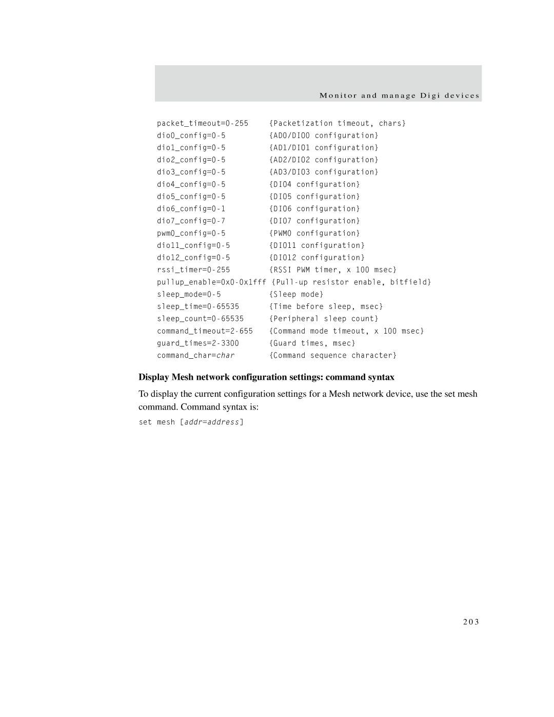 Digi X2 manual Display Mesh network configuration settings command syntax 