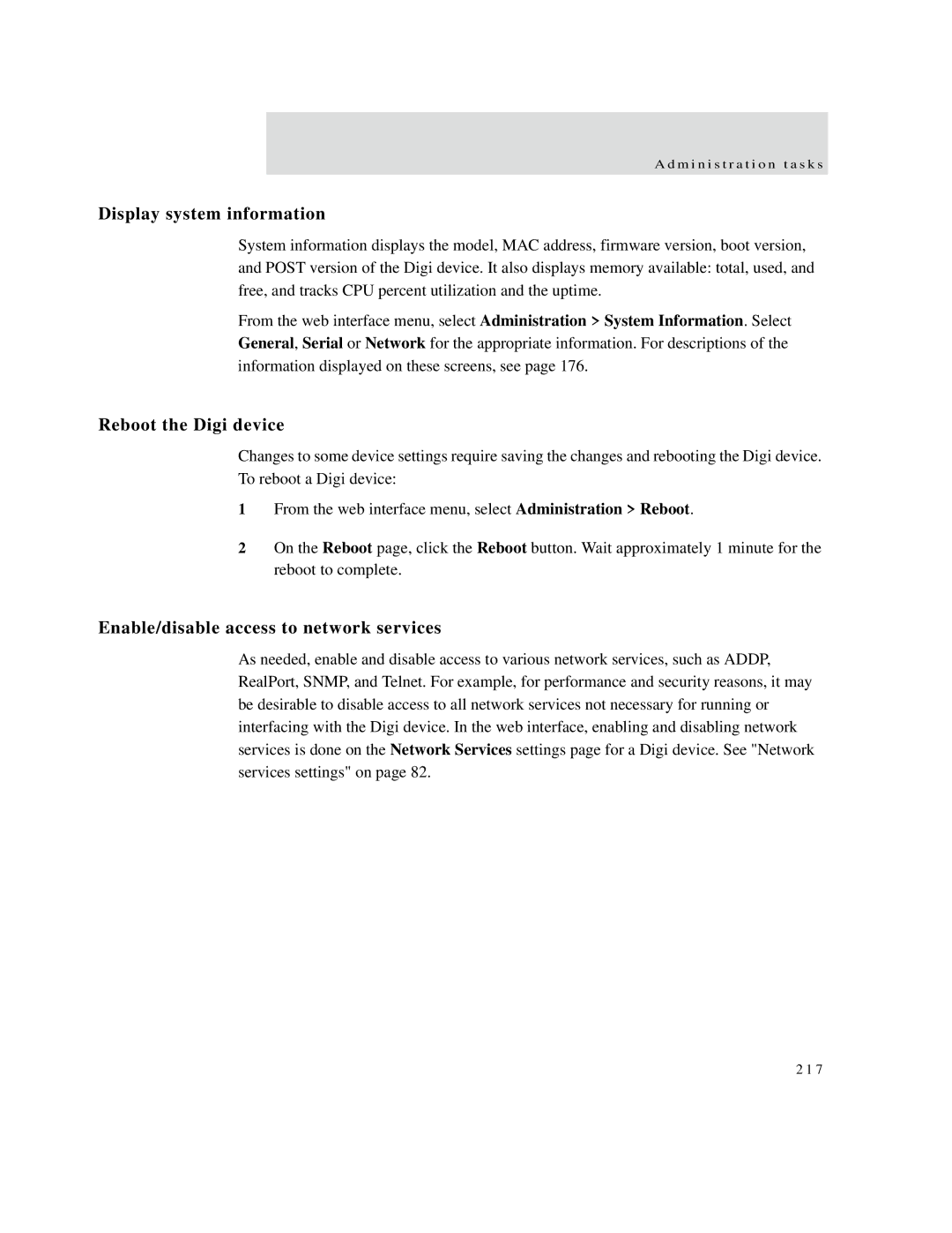 Digi X2 manual Reboot the Digi device, Enable/disable access to network services 