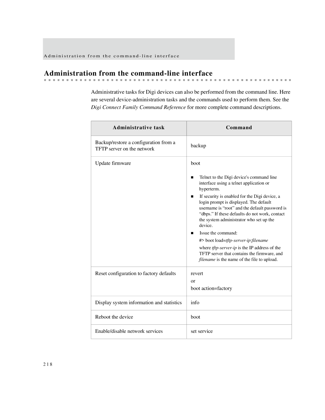 Digi X2 manual Administration from the command-line interface, Administrative task Command 