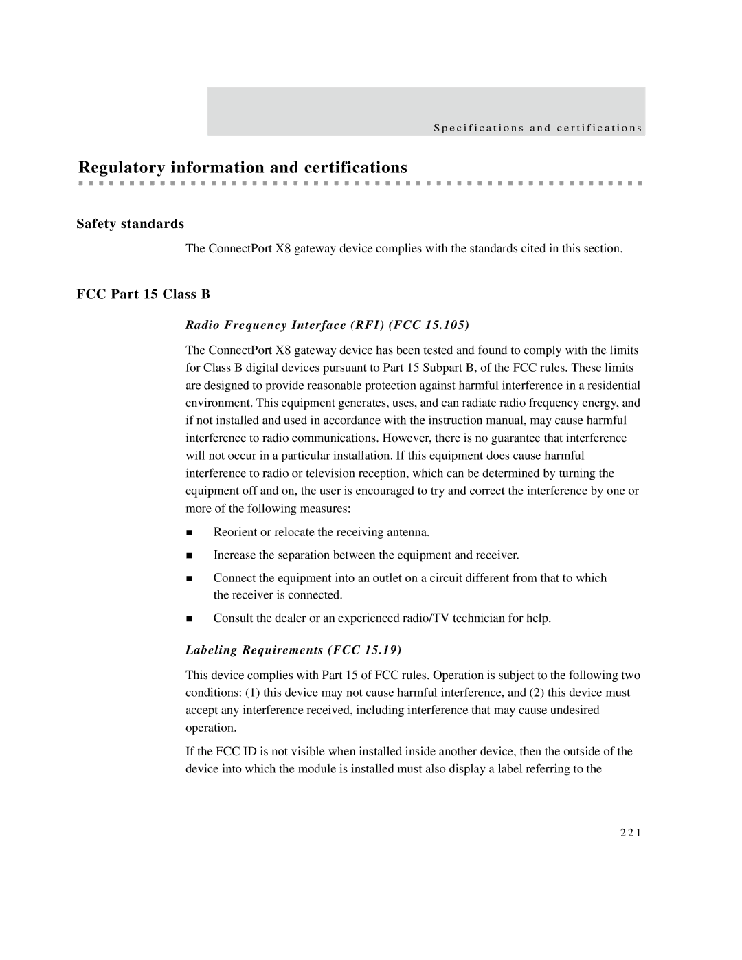 Digi X2 manual Regulatory information and certifications, Safety standards, FCC Part 15 Class B, Labeling Requirements FCC 