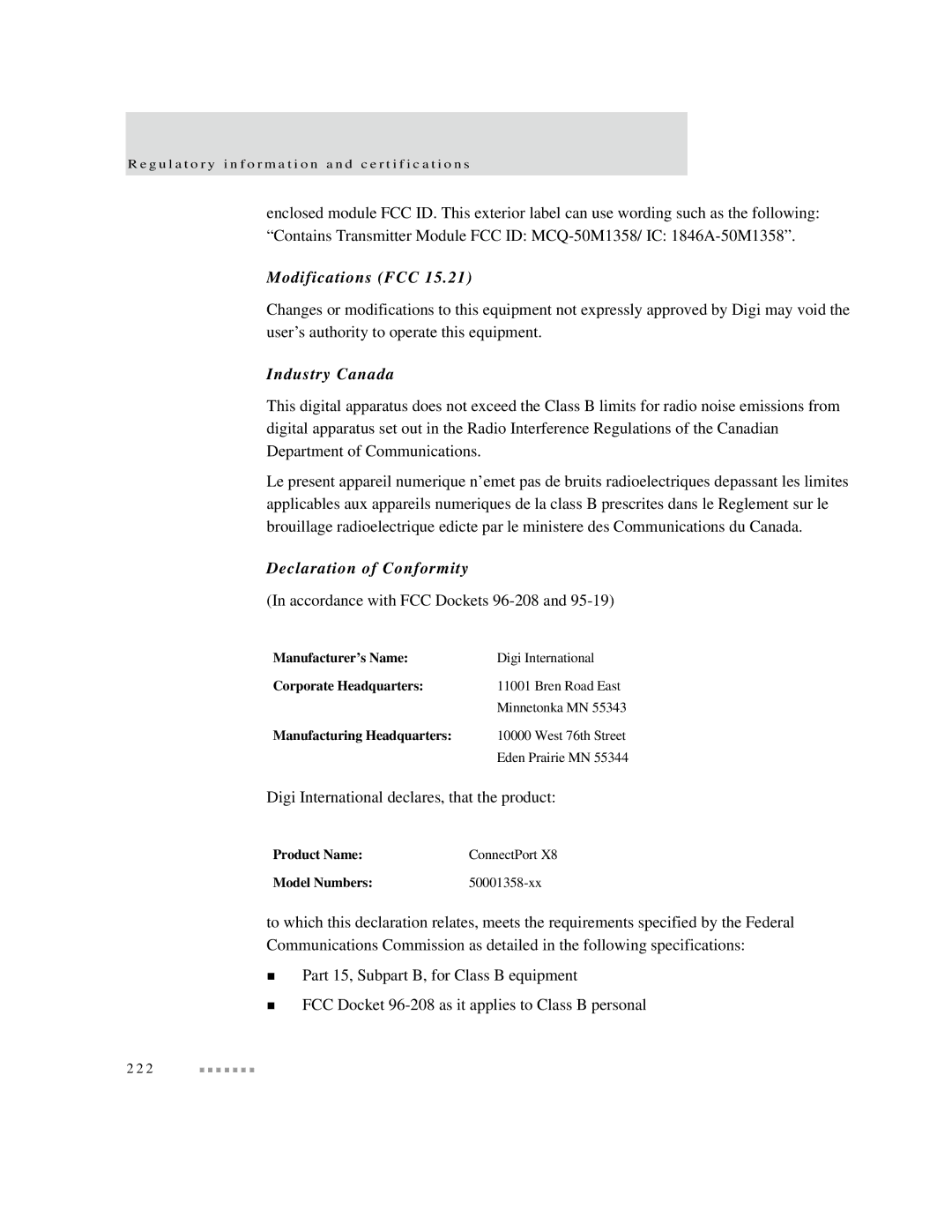 Digi X2 manual Modifications FCC, Industry Canada, Declaration of Conformity 