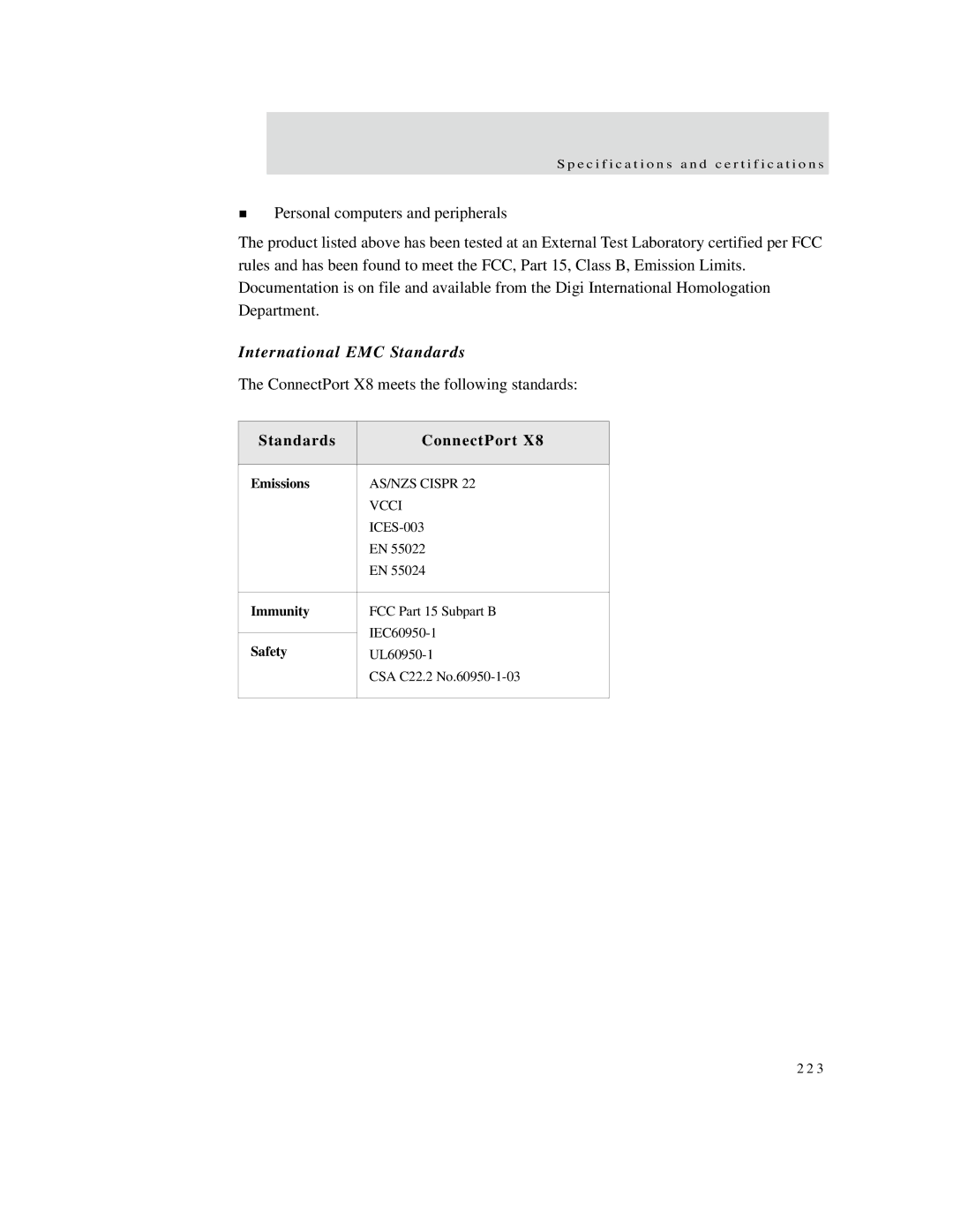 Digi X2 manual International EMC Standards, Standards ConnectPort 