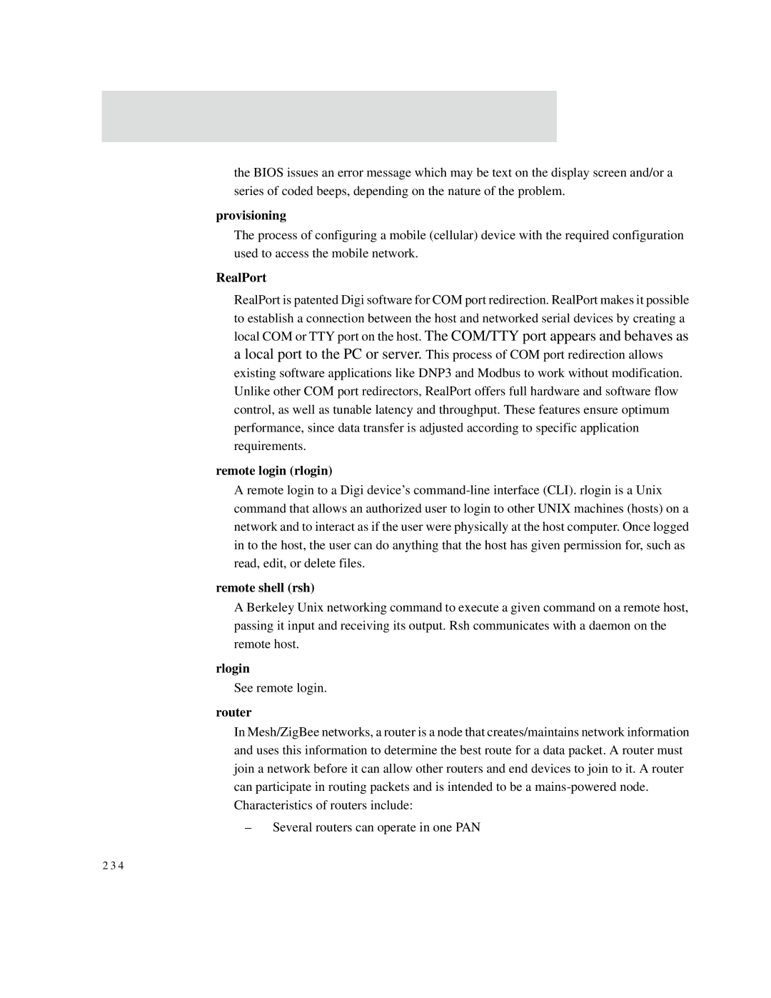 Digi X2 manual Provisioning, RealPort, Remote login rlogin, Remote shell rsh, Rlogin 