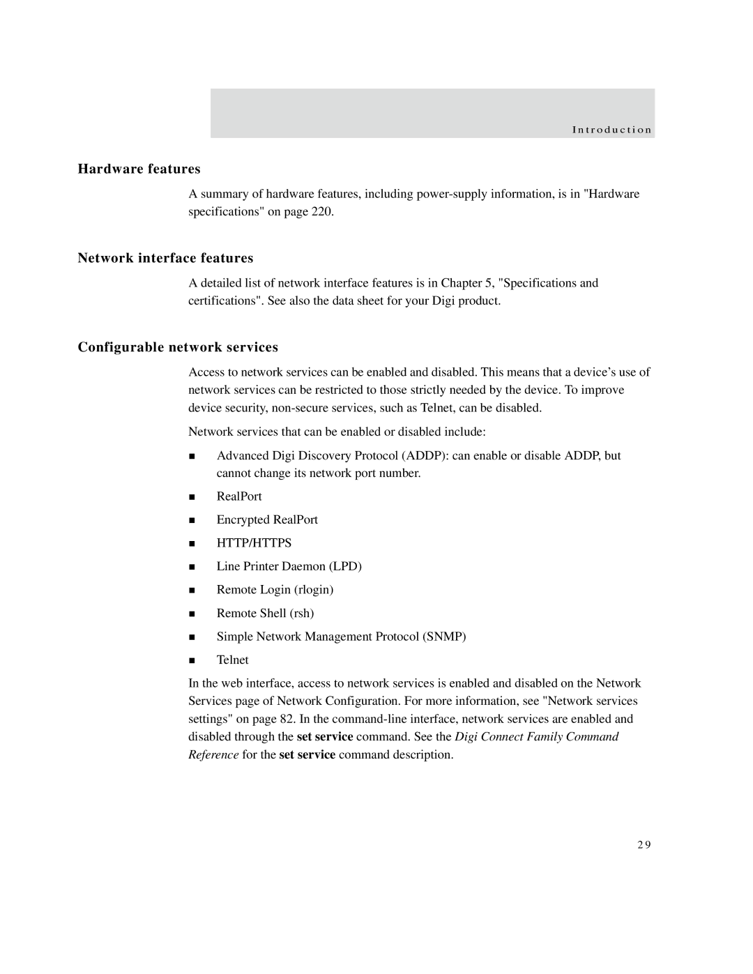 Digi X2 manual Hardware features, Network interface features, Configurable network services 