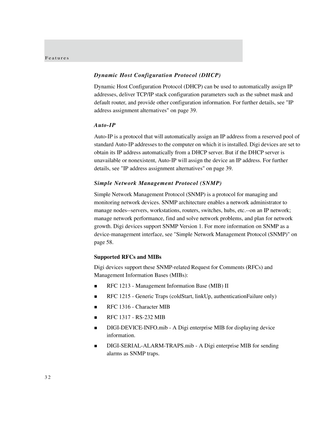 Digi X2 manual Dynamic Host Configuration Protocol Dhcp, Auto-IP, Simple Network Management Protocol Snmp 