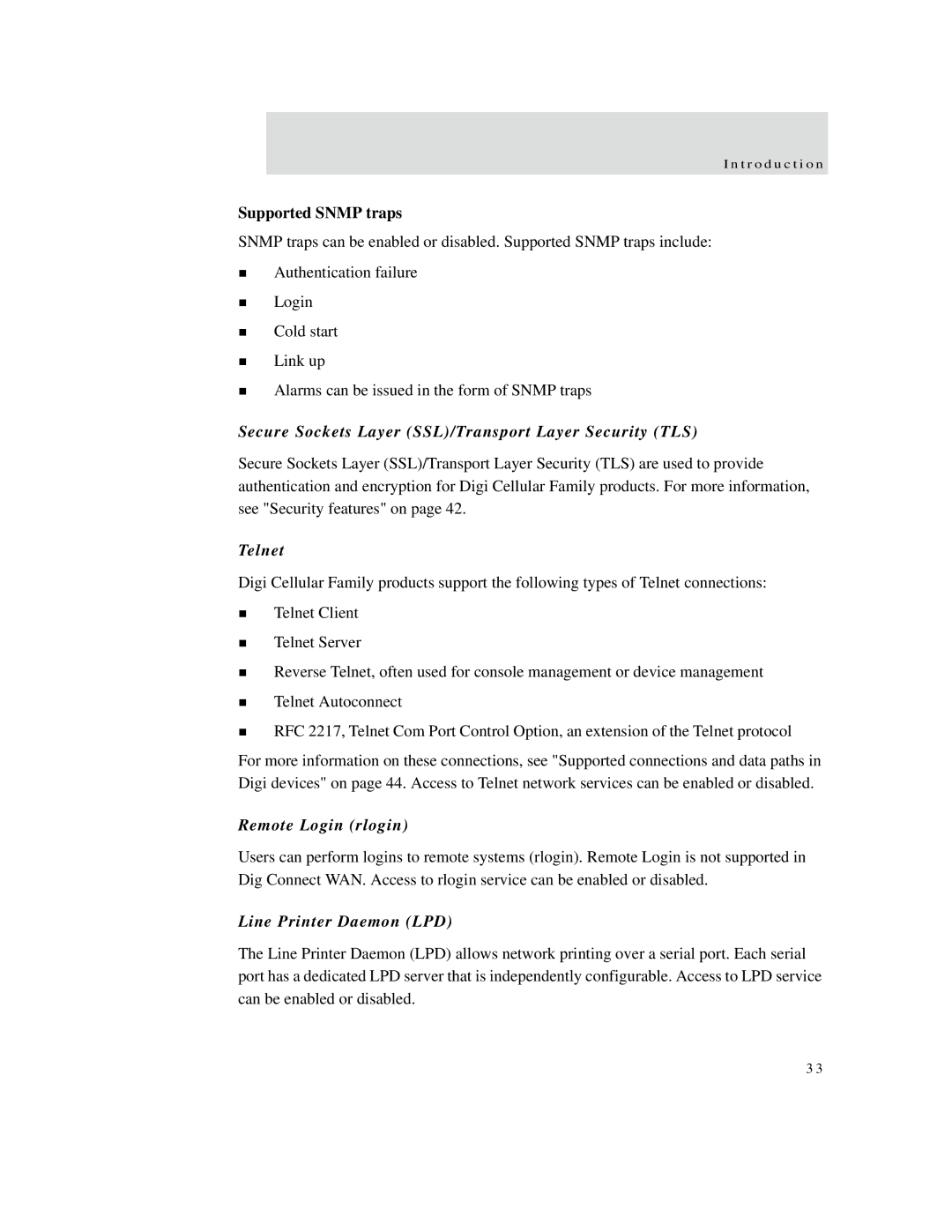 Digi X2 manual Supported Snmp traps, Secure Sockets Layer SSL/Transport Layer Security TLS, Telnet, Remote Login rlogin 