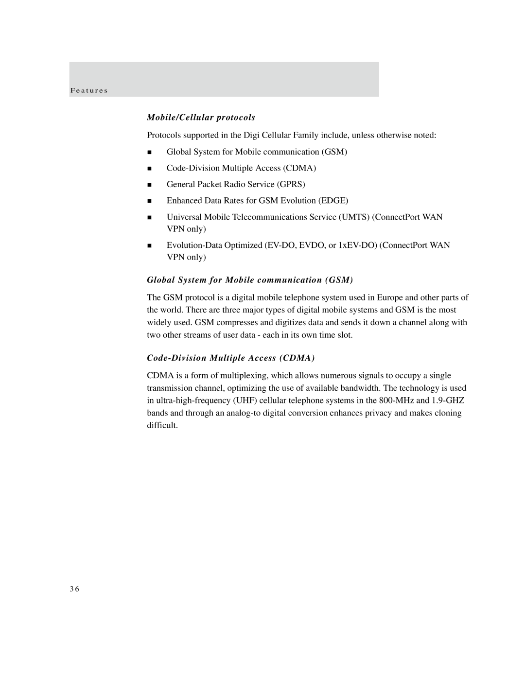 Digi X2 manual Mobile/Cellular protocols, Global System for Mobile communication GSM, Code-Division Multiple Access Cdma 