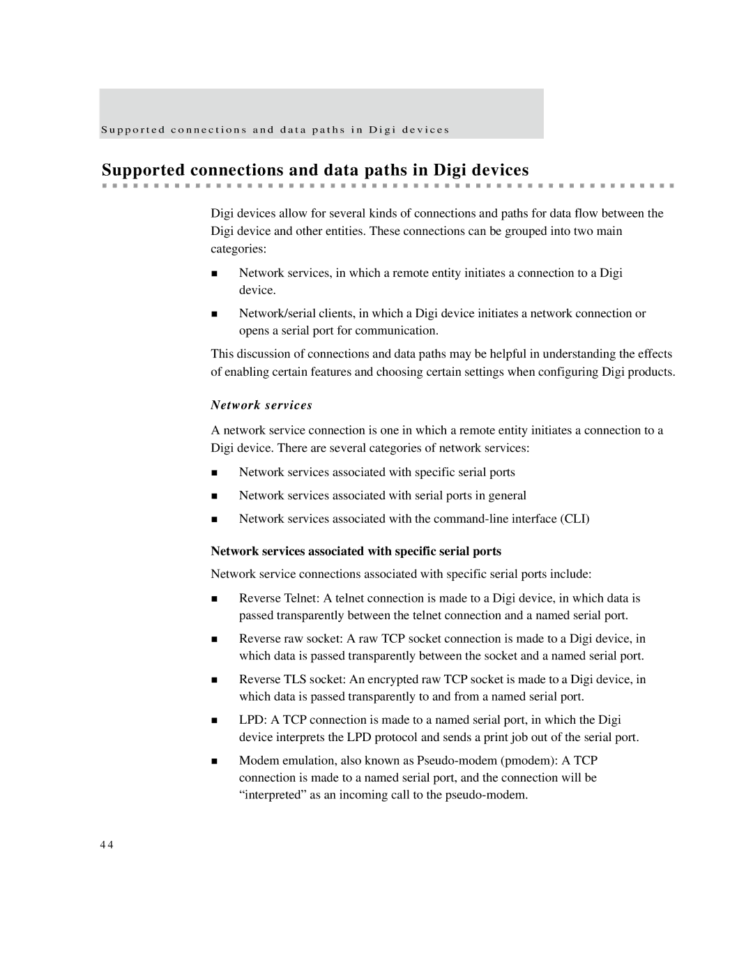 Digi X2 manual Supported connections and data paths in Digi devices, Network services 