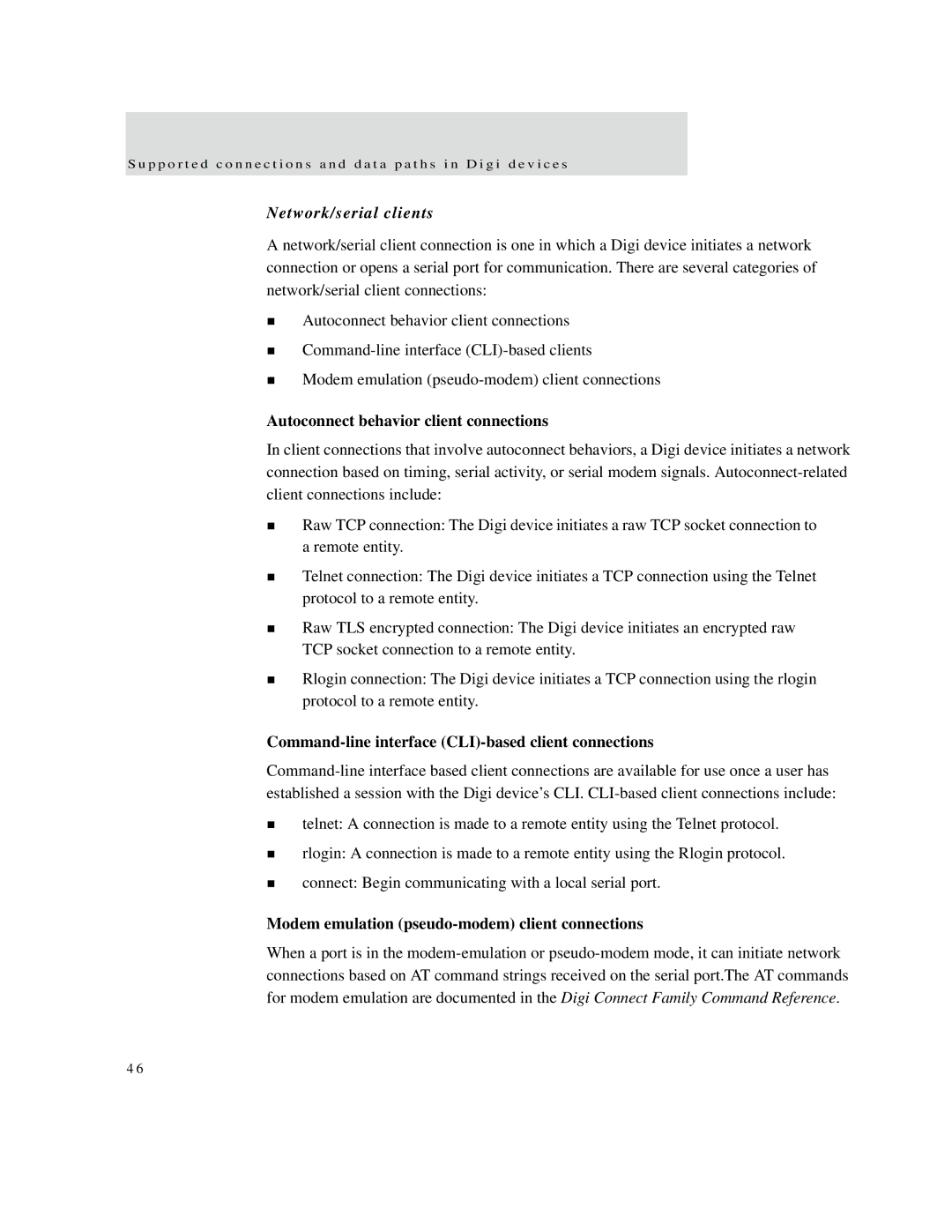 Digi X2 Network/serial clients, Autoconnect behavior client connections, Modem emulation pseudo-modem client connections 