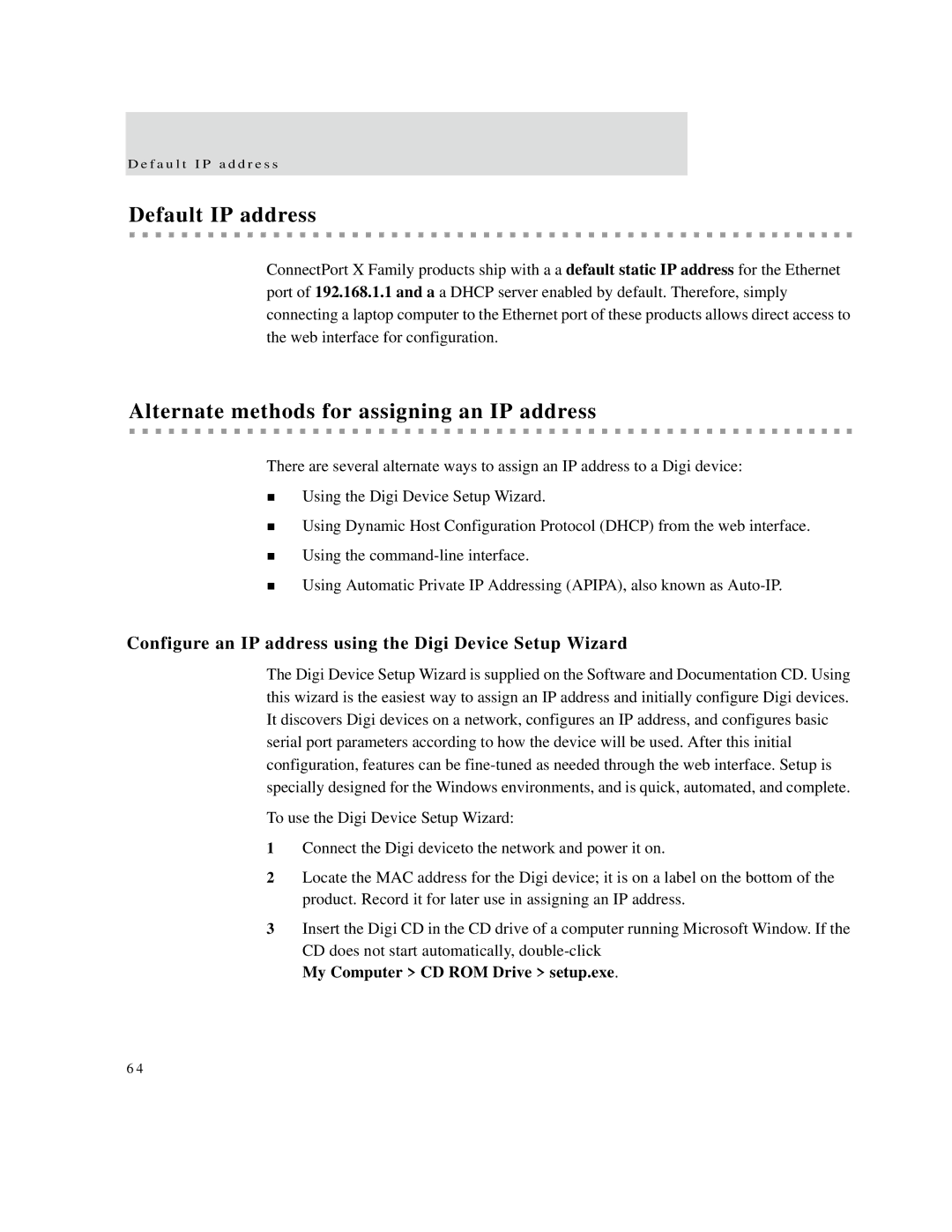 Digi X2 manual Default IP address, Alternate methods for assigning an IP address, My Computer CD ROM Drive setup.exe 