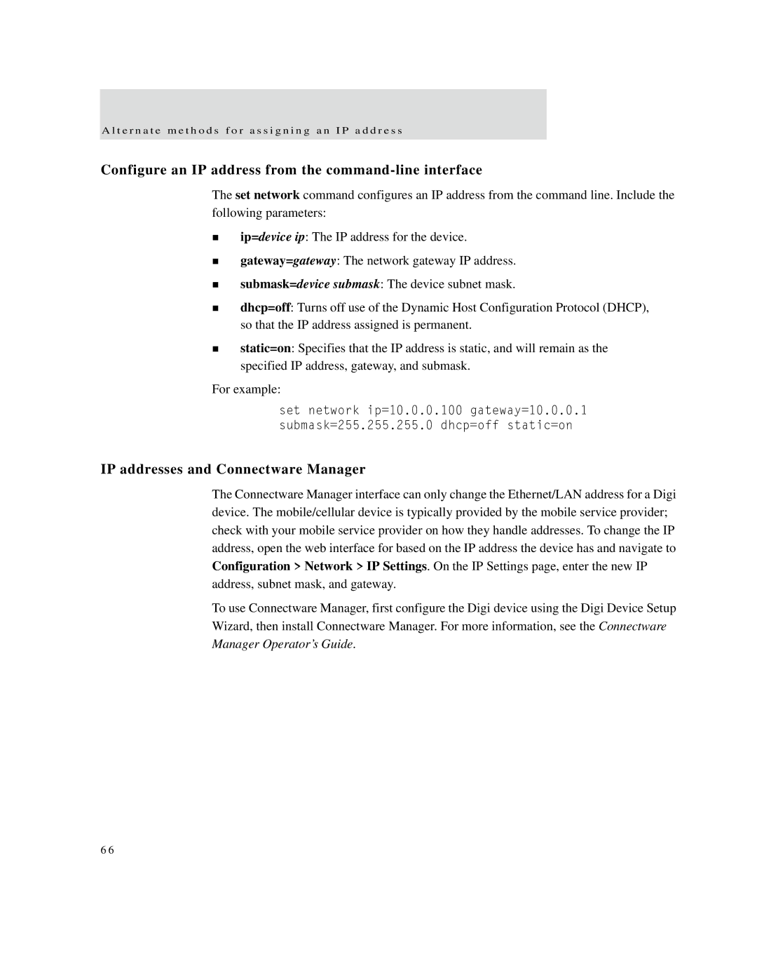 Digi X2 manual Configure an IP address from the command-line interface, IP addresses and Connectware Manager 