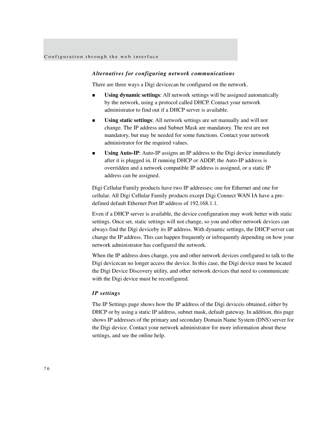 Digi X2 manual Alternatives for configuring network communications, IP settings 